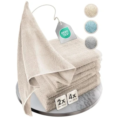 Image de Homewell Set de Serviettes moelleuses et si absorbantes 100% Coton certifiées Oeko Tex 100 (2 Bain + 4 Toilette, Beige)