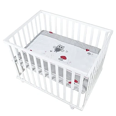 Image de roba Parc Bébé Rectangulaire en Bois 75 x 100 Adam &amp; Eule + Tapis de et Roues avec Freins Base Ajustable Hauteur Blanc