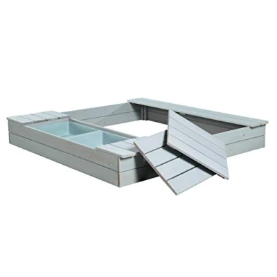 Image de roba Bac à Sable Outdoor + 2 Bacs en Plastique avec Couvercles Bois Massif Résistant aux Intempéries 120 x cm dès 12 Mois Gris Clair