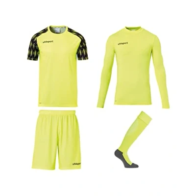 Image de uhlsport Ensemble Complet de Maillots Gardien But pour Homme, Short, Couche Base et Chaussettes Football, Adultes Adolescents, Jaune Fluo/Noir., 128