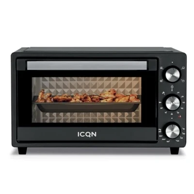 Image de ICQN Mini four 20 l chaleur voûte/inférieure avec fonction tournante 5 fonctions de grill Minuterie 1500 W Plaque cuisson ramasse miettes et support en tôle Noir