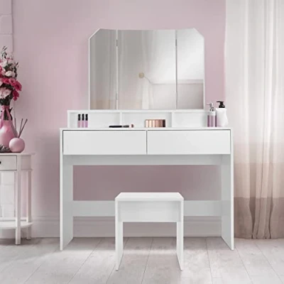 Image de ML Design Coiffeuse avec Miroir Rabattable 3 Pcs et Tabouret, Blanc, 100x40x140 cm, 2 Tiroirs Compartiments de Rangement Ouverts, en MDF, Table Maquillage Coiffage Commode Cosmétiques Salon