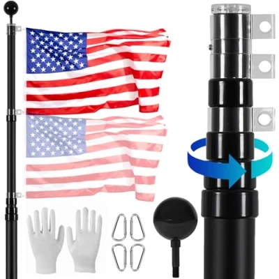 Image de VEVOR Kit de mât Drapeau télescopique 7300 mm, en Alliage d&#039;aluminium Robuste dans Le Sol pour extérieur, à 3 Modes d&#039;affichage avec Accessoires Professionnels, Noir
