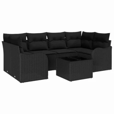 Image de Ensemble de Canapé jardin 7 pièces avec coussins en rotin synthétique noir, 2 places rangement 3354272