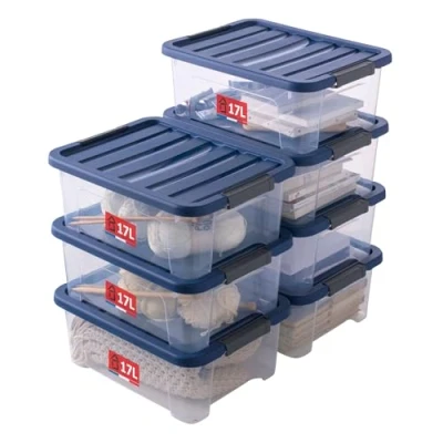 Image de SUNDIS Wave Box, lot de 7 boîtes rangement avec couvercle clipsable 17l, en plastique transparent, superposables et empilables, idéales pour ranger la chambre, le dressing, bureau