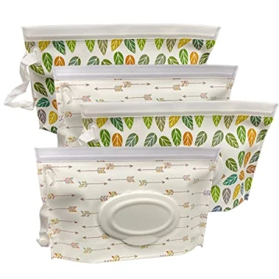 Image de 4 Pièces Pochettes de Lingettes Humides, Sac à Mouillées Portable, Distributeur Pochette Boîte Rangement Humides Réutilisable pour Bébé (Arrow &amp; Leaf Pattern)