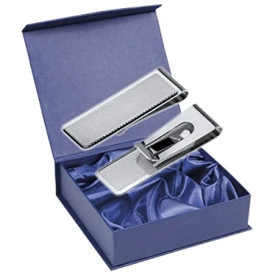 Image de SILBERKANNE Pince à billets guillochée 7,5 x 2,5 cm Plaqué argent de qualité supérieure Finition Prêt offrir Avec emballage cadeau élégant