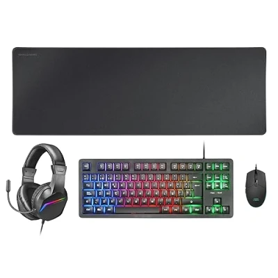 Image de Mars Gaming MCP RGB3, Ensemble Clavier Fixe RGB + Souris Flow 3200 DPI Casque Over Ear Tapis de XXL, Noir, Langue Espagnole