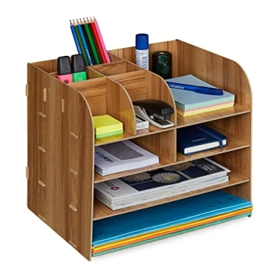 Image de Relaxdays Organiseur Bureau étagères Documents, 10 Compartiments, HxLxP: 27,5 x 32,5 25 cm, Rangement, Marron foncé