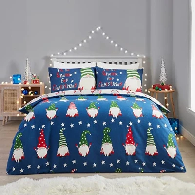 Image de Fusion GFCNY21PZU Ensemble de Housse Couette 100% Coton brossé Motif Nain Noël Bleu Marine
