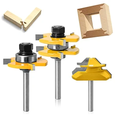 Image de qipuneky 3 Pièces,Fraise Défonceuse, 45 Degrés Verrouiller Mitre Routeur Bit, Fraise à Bois pour Outils de Menuiserie (jaune)
