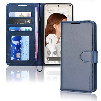 Image de TECHGEAR Google Pixel 7 Etui Portefeuille en Cuir, Housse de Protection Flip avec Porte Cartes Portefeuille, Support et Dragonne Cuir PU Bleu Fermeture Magnétique Conçu pour