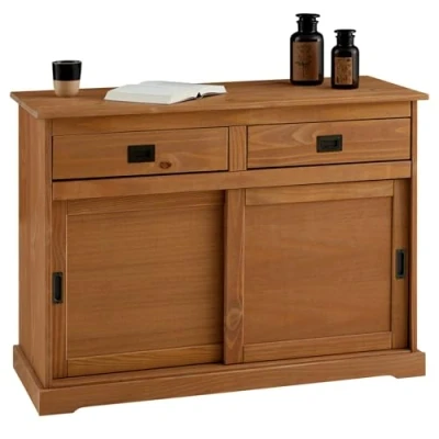 Image de IDIMEX Buffet Savona bahut vaisselier Commode avec 2 tiroirs et Portes coulissantes, en pin Massif lasuré Brun