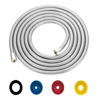 Image de Flexible Douche Universel 5M/197IN de Argent Tuyau en Acier Inoxydable Raccord Fileté G1/2&quot; Douchette avec 4 Limiteur Débit d&#039;eau(connecteur laiton)