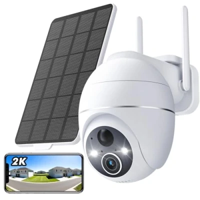 Image de YESKAMOU 2K Camera Surveillance WiFi Exterieure sans Fil Panneau Solaire, 360 Solaire Exterieur 2,4 GHz, Vision Nocturne, Détection Humaine PIR, Audio Bidirectionnel (Blanc)