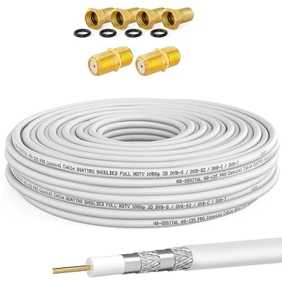 Image de HQ 135 PRO Câble satellite coaxial 130 dB 15 m quadruple blindage pour installations DVB S / S2 C et T BK + 4 fiches F plaquées or 2 connecteurs