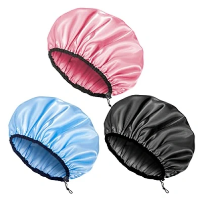 Image de Auban bonnet de douche pour femme, réglable, réutilisable, extra large, double couche imperméable, extérieur doublure EVA, cheveux toutes les longueurs cheveux, 3