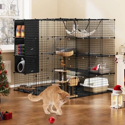 Image de YITAHOME Grande Cage pour Chat avec Cube de Rangement, enclos Catio d&#039;intérieur en métal Grand hamac 1 à 4 Chats, Niche Niveaux Chat, Lapin, Chinchilla Noir, 140 x cm