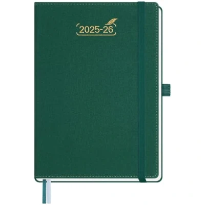 Image de BEZEND Agenda 2025 2026 A5 21 x 15,5 cm Semainier 25 26 avec Double Horaire 1 Semaine 2 Pages 18 Mois Du juil. à déc. Couverture Rigide en Cuir PU Vert Forêt