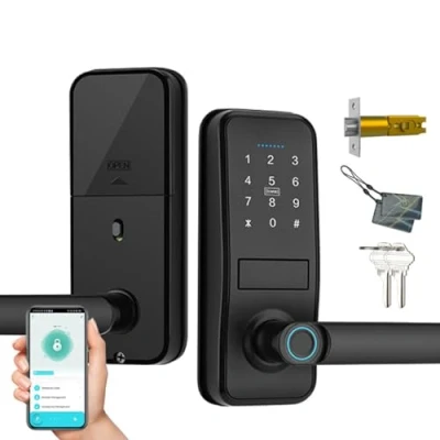Image de Smart Lock, serrure de porte d&#039;entrée sans clé avec poignée noire mate Sleek mat, clavier électronique, électronique Deadbolt, empreinte digitale et tactile, verrouillage