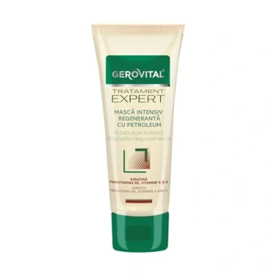 Image de Masque Intensif Régénérant et Restructurant pour Cheveux au Pétrole, Kératine, Vitamine A E, Reconstruit Renforce les Abîmés, 150 ml, Gerovital Tratament Expert