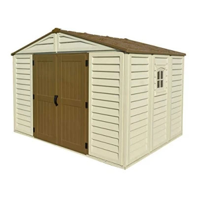 Image de Duramax WoodBridge Plus 10 x 8 (7.64 m²) abri de jardin en plastique avec 1 fenêtre fixe et kit fondation métal, structure toit métal robuste sans entretien Ivory/Brown
