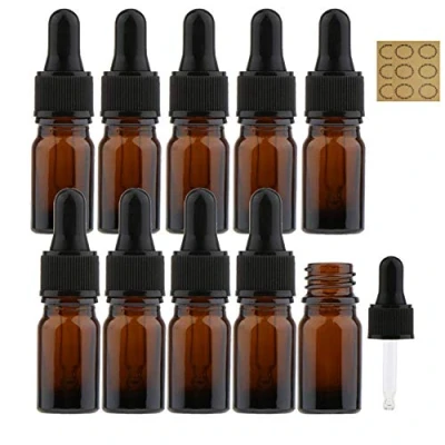 Image de Alledomain Lot de 10 flacons en verre ambré 5 ml avec pipettes compte gouttes, mini vides plastique bouchon noir rechargeables, pour huiles essentielles, mélanges d&#039;aromathérapie
