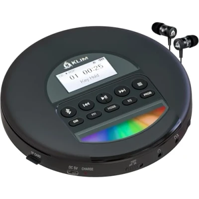 Image de KLIM Nomad Lecteur CD Portable Batterie Intégrée Longue Durée avec Écouteurs Compatible R, RW, MP3 Bluetooth Baladeur pour Voiture, Maison, Extérieur Nouveauté Argent