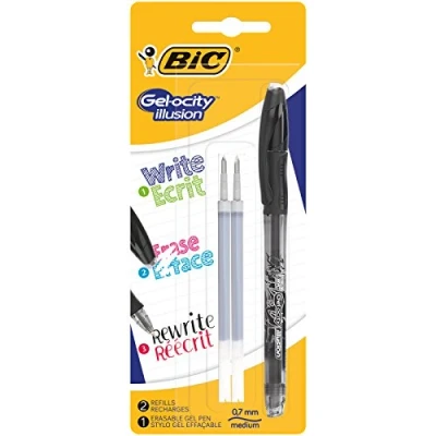 Image de BIC Ecriture Gel ocity Illusion Stylo Effaçable Pointe Moyenne (0,7 mm) Noir, Blister de 1 + 2 Recharges