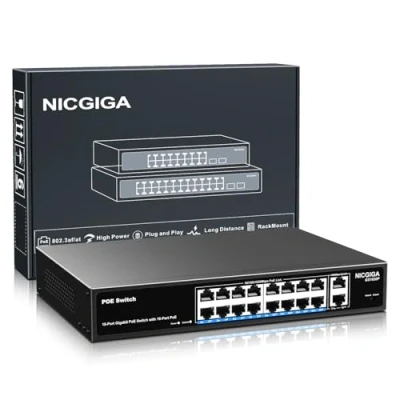 Image de commutateur Gigabit PoE 16 Port Non géré, PoE+@250W, 2 de Liaison Montante Gigabit, réseau Power Over Ethernet NICGIGA 18 Port, Mode VLAN, Montage en Rack 19 Pouces