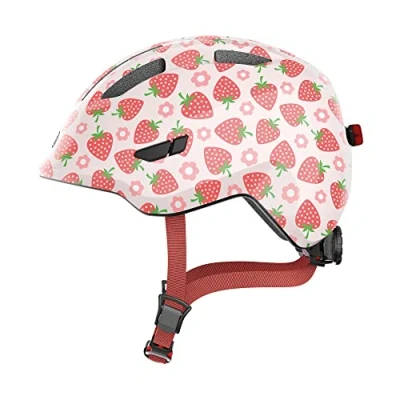 Image de ABUS Casque pour enfants Smiley 3.0 LED de vélo avec lumière ajustement profond &amp; place une tresse filles et garçons Rose motif fraise, taille S, S (45 50 cm)