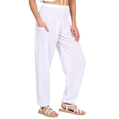 Image de Lofbaz Femmes Rayonne Impression Smocked Taille Boho Harem Pantalon Solid Blanc 4XL