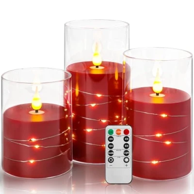 Image de Da by bougie LED rouge, à batterie avec fonction de minuterie télécommande, chaîne lumineuse ciel étoilé, 10cm, 12.5cm, 15cm 3pcs.