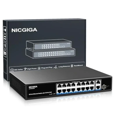 Image de commutateur PoE 16 port non géré, PoE+@250W, 2 ports de liaison montante Gigabit, 1 SFP, Power Over Ethernet réseau NICGIGA 19 port, mode VLAN, AI Watchdog pouces RackMount
