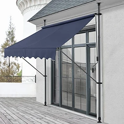 Image de Store Banne Manuel Rétractable pour Terrasse Marquise Soleil de Balcon Auvent Téléscopique Hauteur et Inclinaison Réglable sans Perçage Acier Polyester 150 x 120 220 309 cm Bleu Foncé