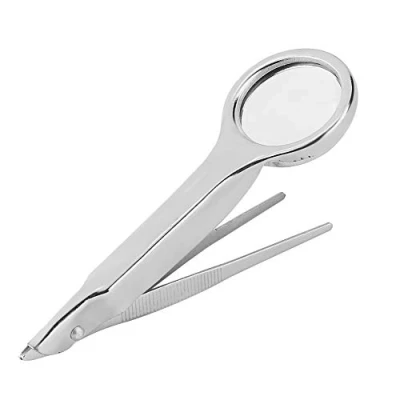 Image de Mini Loupe multifonctionnelle Portable 10X en acier inoxydable avec pince à épiler, outil de réparation main pour la lecture livres
