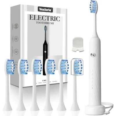 Image de Vexloria Brosse à Dent Électrique Soniques, a Electrique Adulte Enfant avec 6 Têtes de Brosse, 5 Modes et Minuterie, IPX7 Dents Ultrasons pour Femmes Hommes, Blanc