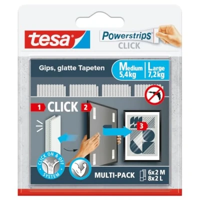Image de tesa Powerstrips CLICK Pastilles Adhésives à Clipser et Déclipser pour Cadres Décorations Murales sans Percer avec Système ON OFF Large 6 x 2 M, 8 L