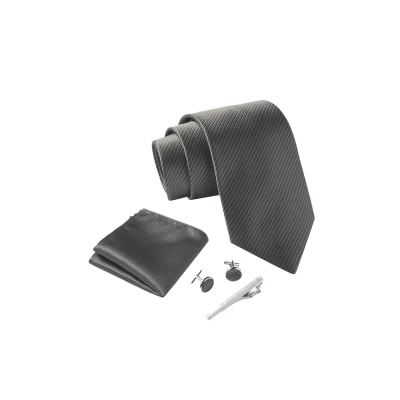 Image de Cravate Homme Rayé gris et mouchoirs de poche, boutons manchette Pinces à cravates Coffret cadeau Accessoires Fete Mariage
