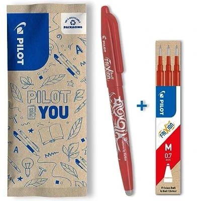 Image de PILOT Lot de 1 Frixion Ball + set 3 recharges Stylo effaçable à encre thermosensible roller rechargeable fabriqué partir plastique recyclé Rouge Pointe moyenne
