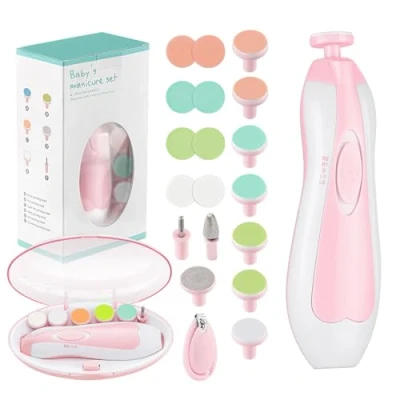 Image de Zooawa Lime à Ongles Bébé Électrique, 20 en 1 Kit de Soin des avec 10 Têtes Meulage, Tondeuse Lumière LED pour Nouveau Nés Enfant et Adulte Manucure Pédicure, Rose Clair