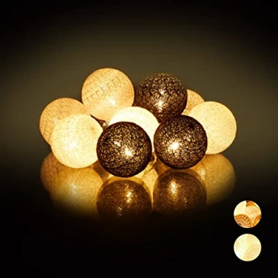 Image de Relaxdays 10024370_879 Guirlande Lumineuse LED, 10 Boules Coton, Fonction Piles, Lumières d’Ambiance, Sphères Ø6 cm, Blanc Gris Noir, polystyrène, 160 cm