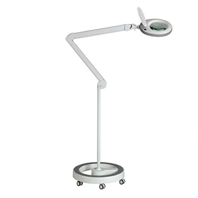 Image de Lumeno LED lampe loupe 7218GR avec lentille en verre de 127 mm, travail, convient pour cosmétique, les bricoleurs, aide à la lecture grossissante, 8 dioptries Gris trépied roulant