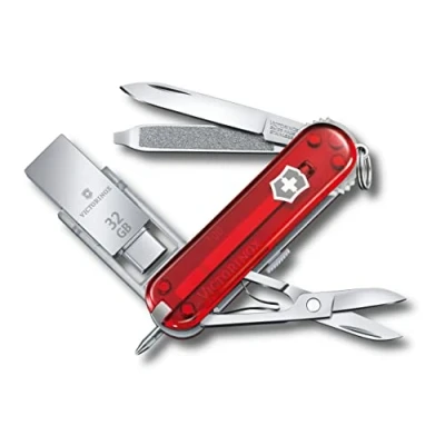 Image de Victorinox @Work Couteau de Poche (8 Fonctions, Lame, Clé Usb 32Go, Ciseaux), Rouge Transparent