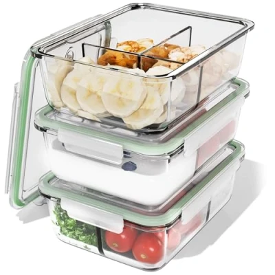 Image de Classbach® Boîtes repas en verre à 3 compartiments, adaptées au lave vaisselle, micro ondes et four, pour une alimentation saine. 3x 1000 ml. C FHDM 4021 G.