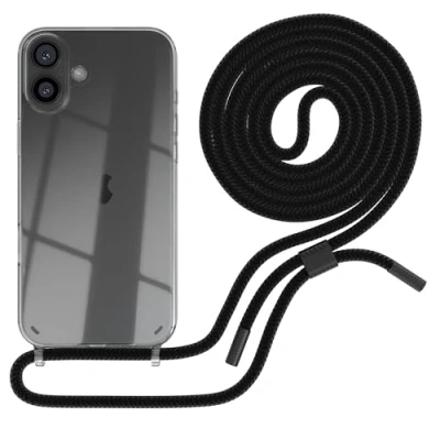 Image de EAZY CASE Chaîne de téléphone portable compatible Avec iPhone 16 Plus Coque fine pour Apple bande comme protection contre les chutes transparente en silicone noir
