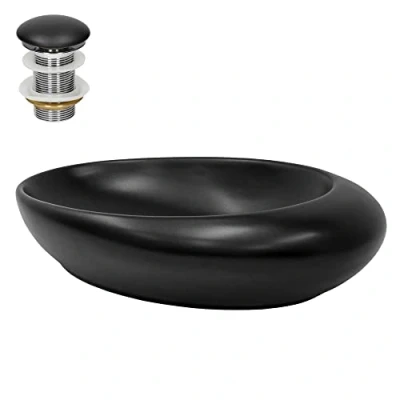 Image de ML Design Lavabo en Céramique Noir Mat 58,5x37,5x14,5 cm avec Garniture de Vidage 1 1/4&quot; Universelle, Forme Galet, Vasque á Poser Moderne, Évier Lave Mains pour Salle Bain, Toilettes et WC Invités