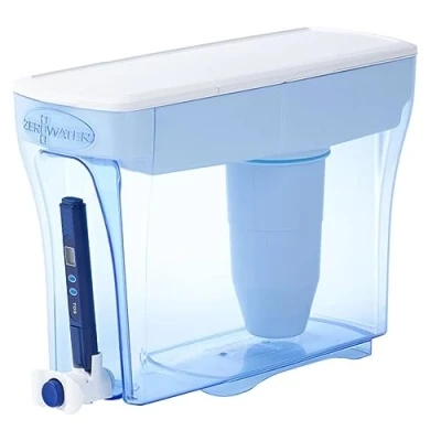 Image de ZeroWater Carafe filtrante d&#039;eau en 5 étapes 5,4L, certifiée NSF pour la réduction des particules de plomb, les métaux lourds et SPFO/APFO, Blanc Bleu