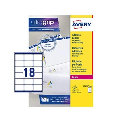 Image de AVERY 5250 Étiquettes Adresse Autocollantes Blanches Personnalisables Sans Bourrage Format 63,5 x 38,1 mm Impression Laser)