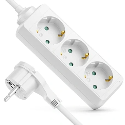 Image de deleyCON Multiprise à 3 Compartiments avec Fiche Plate Barrette d&#039;alimentation pour Usage Intérieur Câble de 3,0m Contact Plat Boîtier en Plastique Robuste Blanc